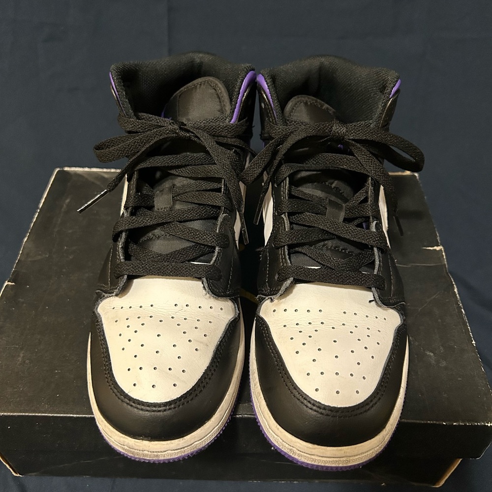 Air Jordan Youth Black, White and Purple Sneakers